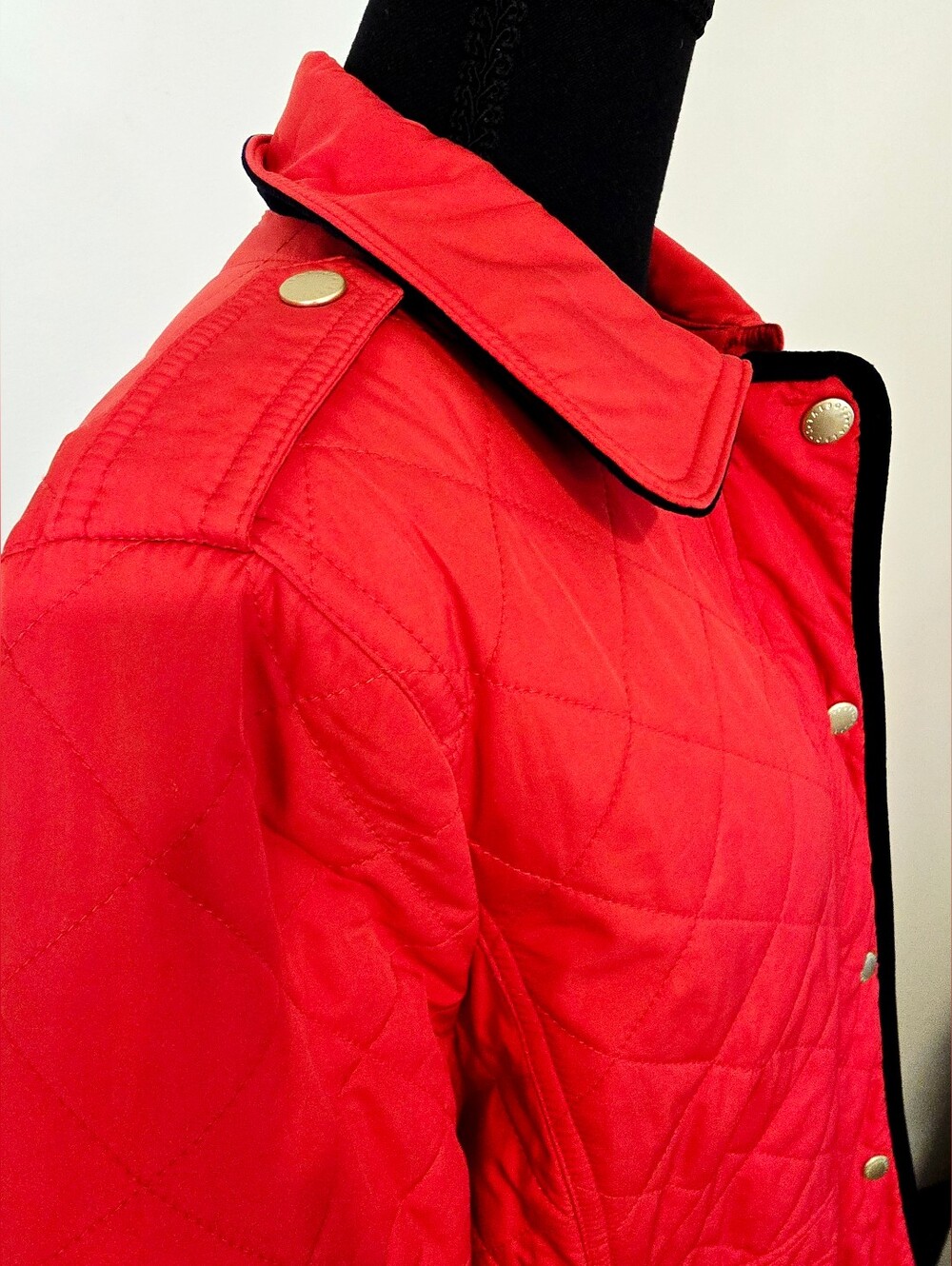 Talbots Red Quilted Jacket Navy Trim Gold Snap Preppy Coastal Coat Old Money - Picture 7 of 12